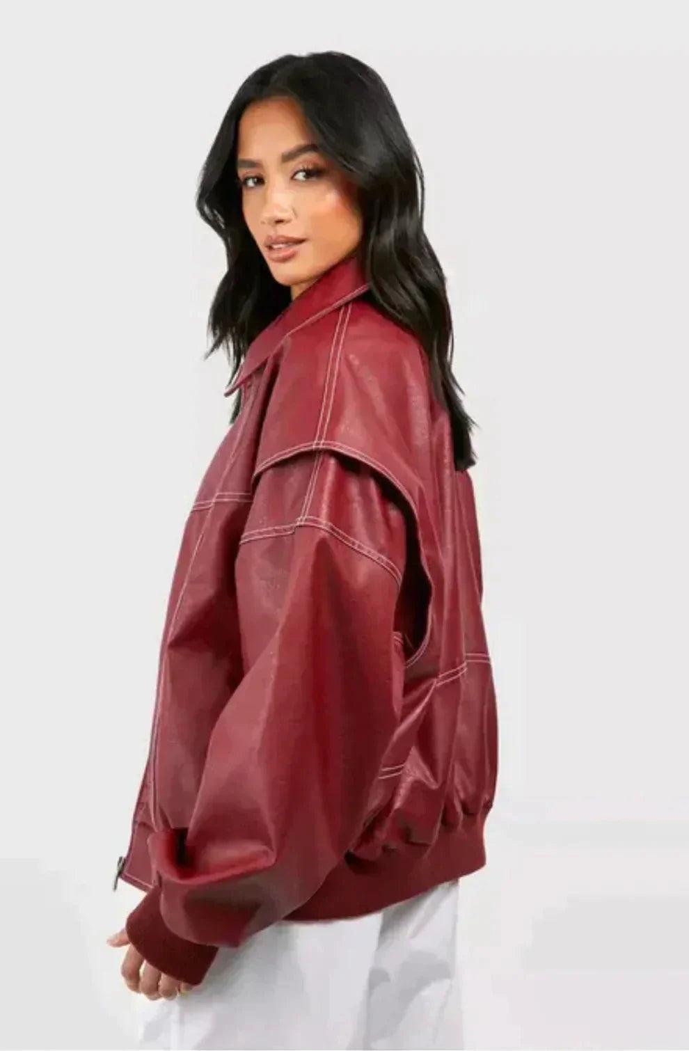 Womens Luxurious Oversized Leather Bomber Jacket Red - Rebooters