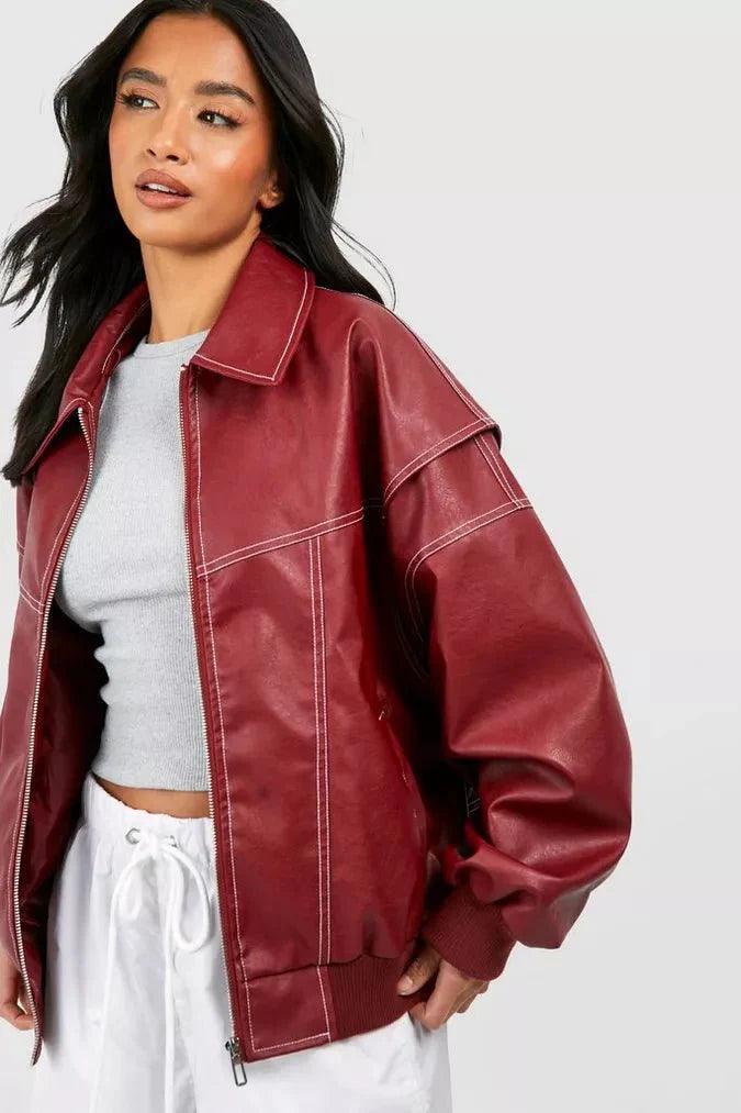 Womens Luxurious Oversized Leather Bomber Jacket Red - Rebooters