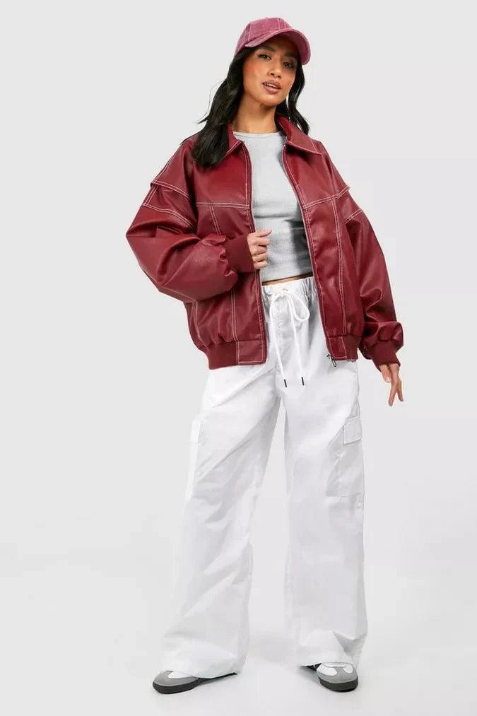 Womens Luxurious Oversized Leather Bomber Jacket Red - Rebooters