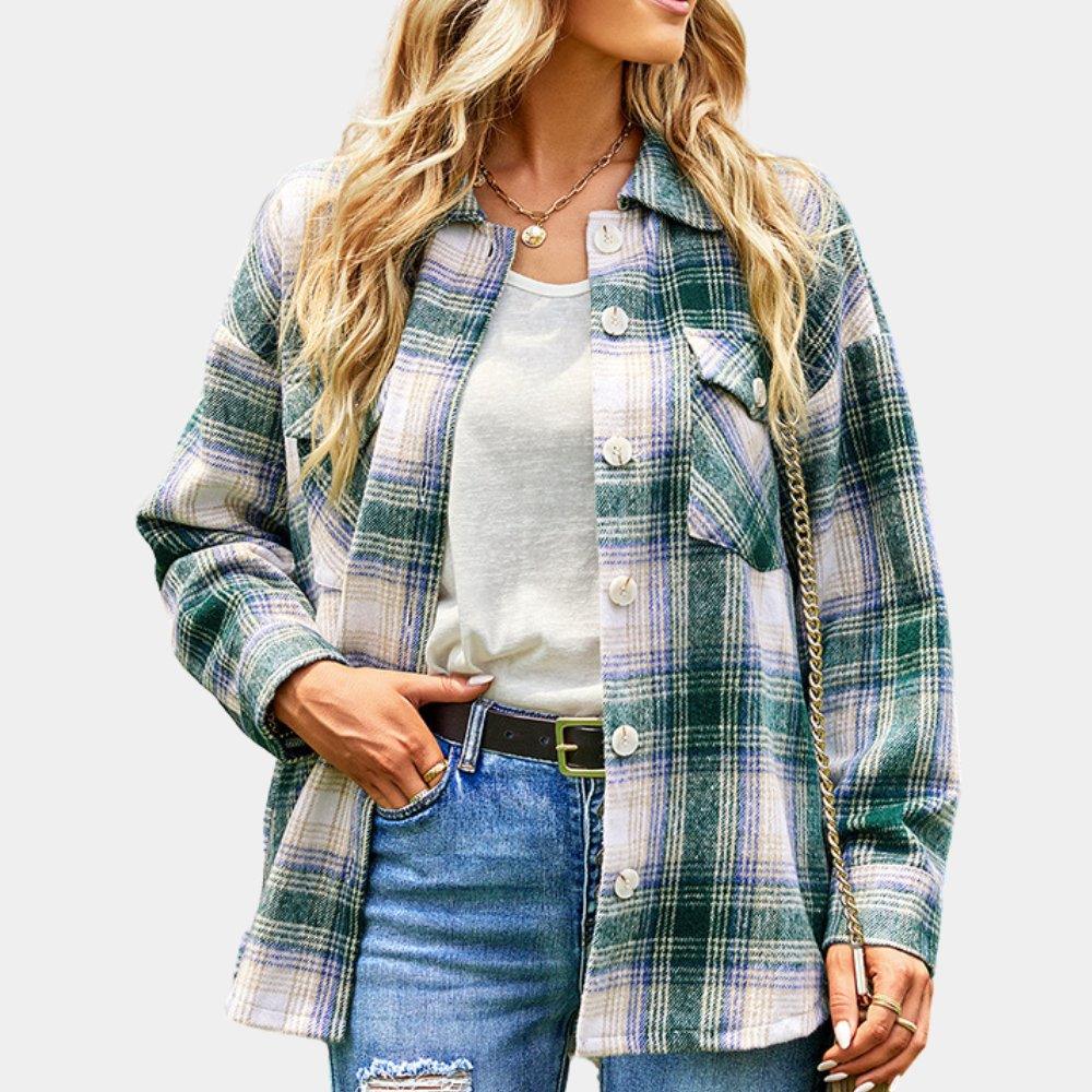 Womens Chic Plaid Button-Up Jacket Shirt for Cozy Style - Rebooters