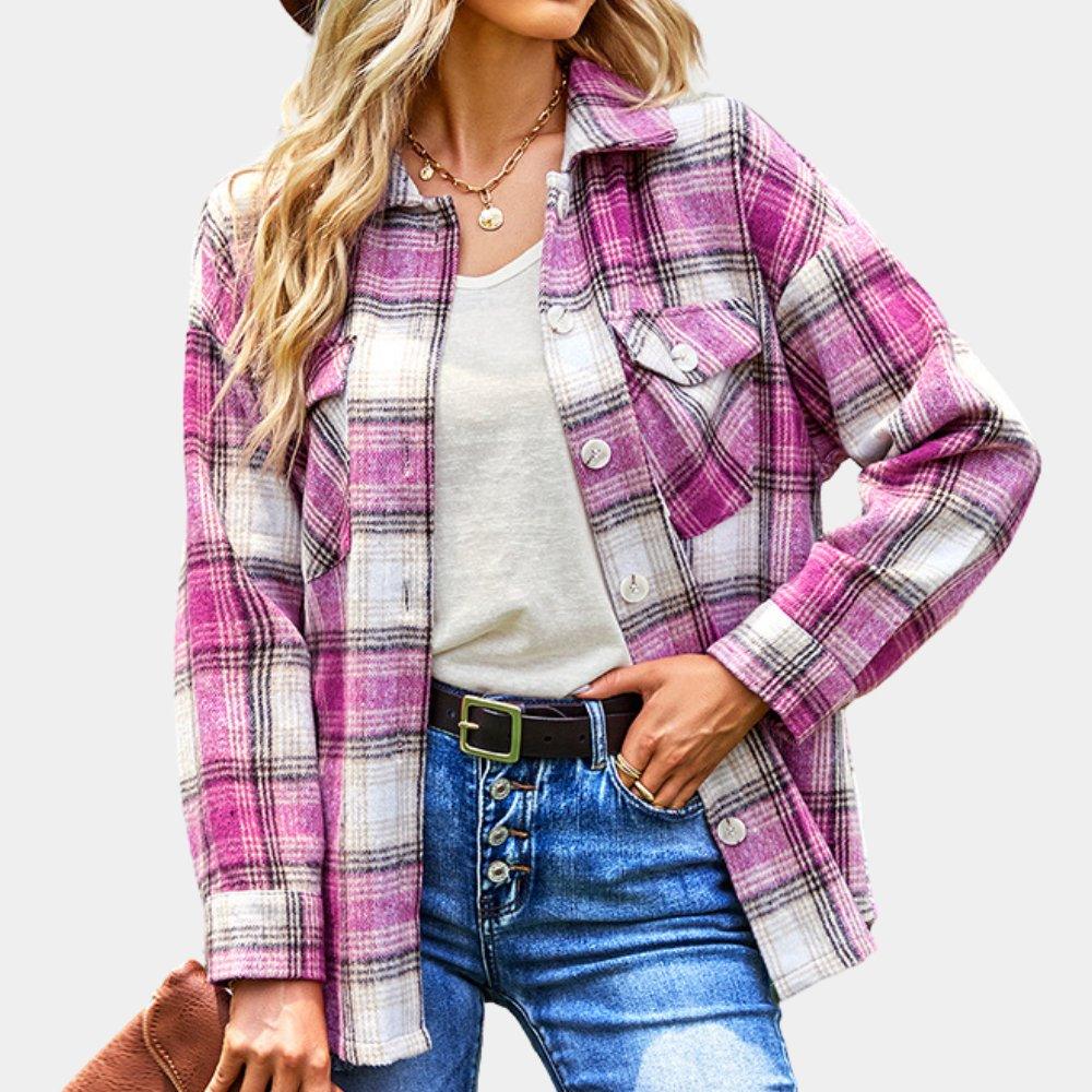 Womens Chic Plaid Button-Up Jacket Shirt for Cozy Style - Rebooters