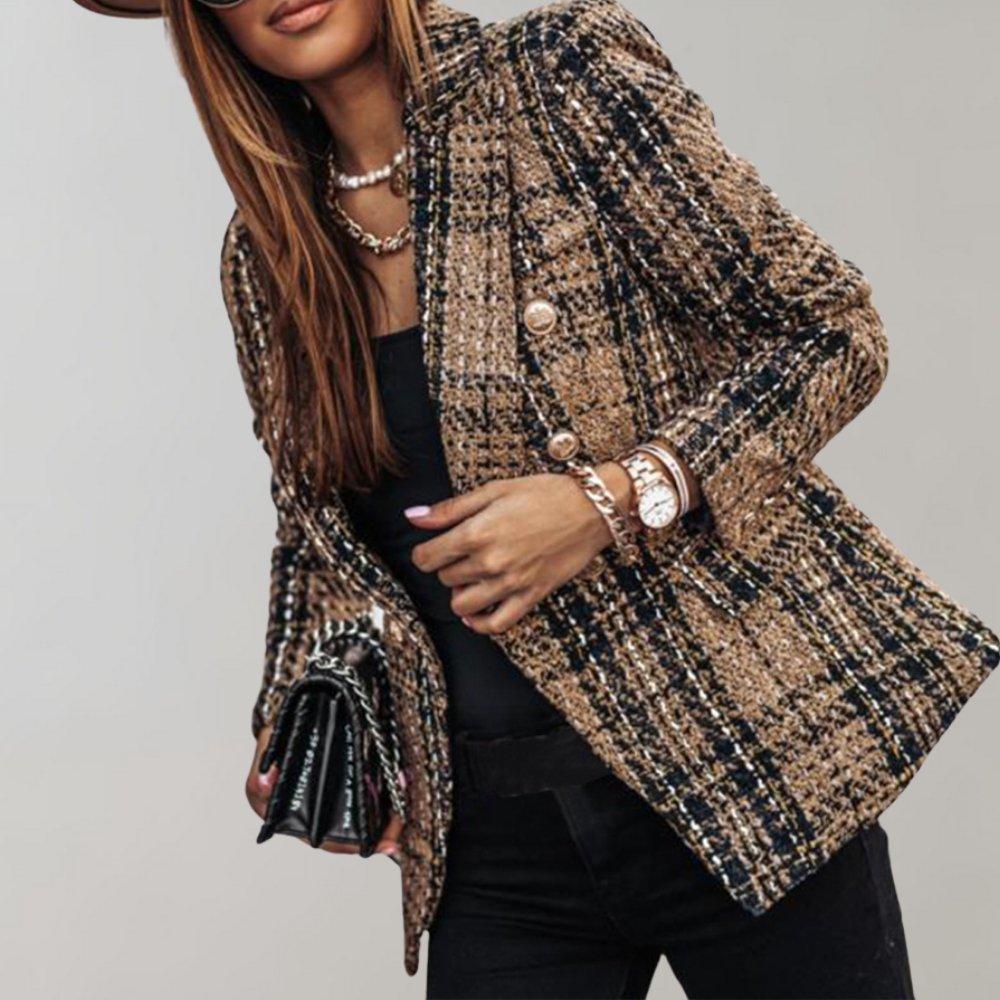 Womens Chic Plaid Double-Breasted Blazer Effortless Style - Rebooters