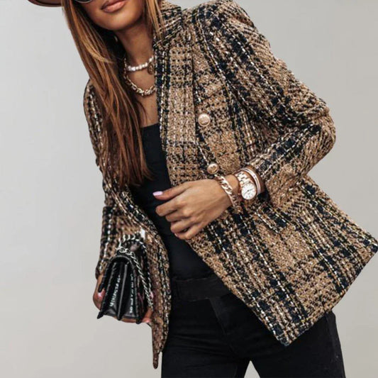 Womens Chic Plaid Double-Breasted Blazer Effortless Style - Rebooters