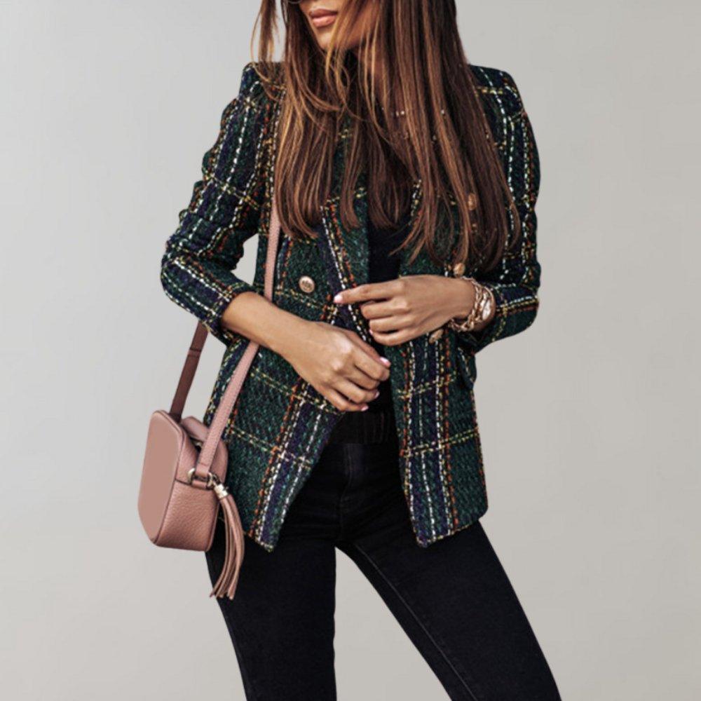 Womens Chic Plaid Double-Breasted Blazer Effortless Style - Rebooters