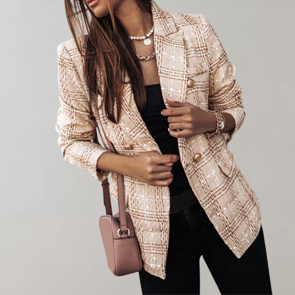 Womens Chic Plaid Double-Breasted Blazer Effortless Style - Rebooters