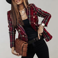 Womens Chic Plaid Double-Breasted Blazer Effortless Style - Rebooters