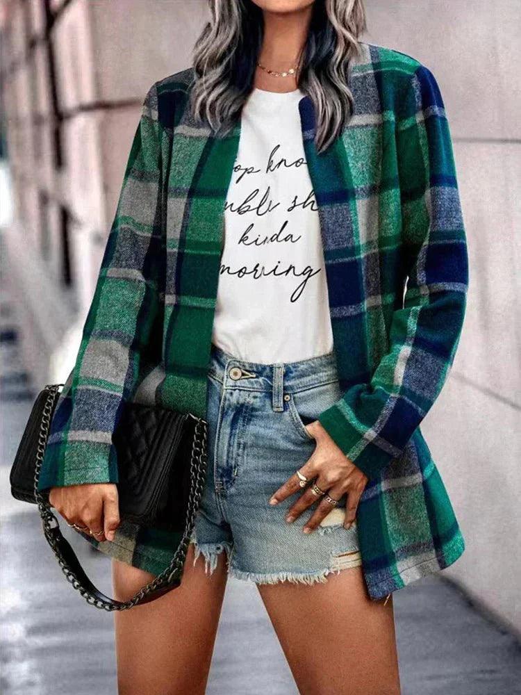 Womens Chic Plaid Open-Front Jacket for Effortless Style - Rebooters