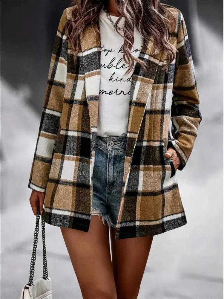 Womens Chic Plaid Open-Front Jacket for Effortless Style - Rebooters