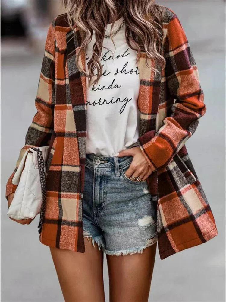 Womens Chic Plaid Open-Front Jacket for Effortless Style - Rebooters