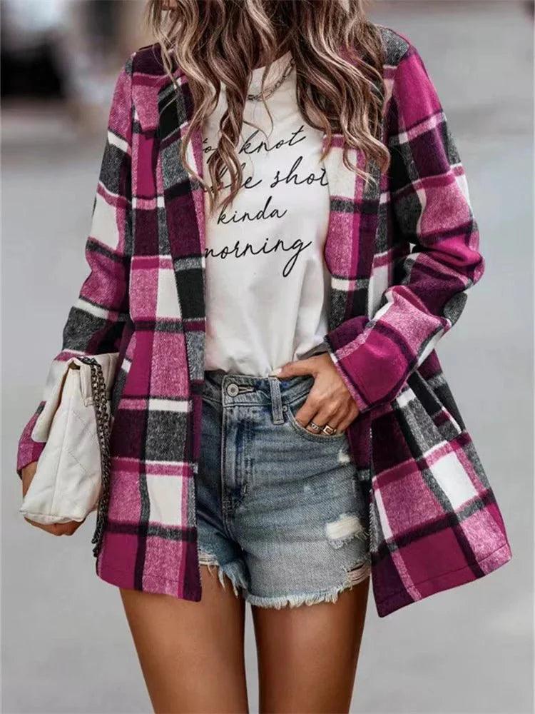 Womens Chic Plaid Open-Front Jacket for Effortless Style - Rebooters