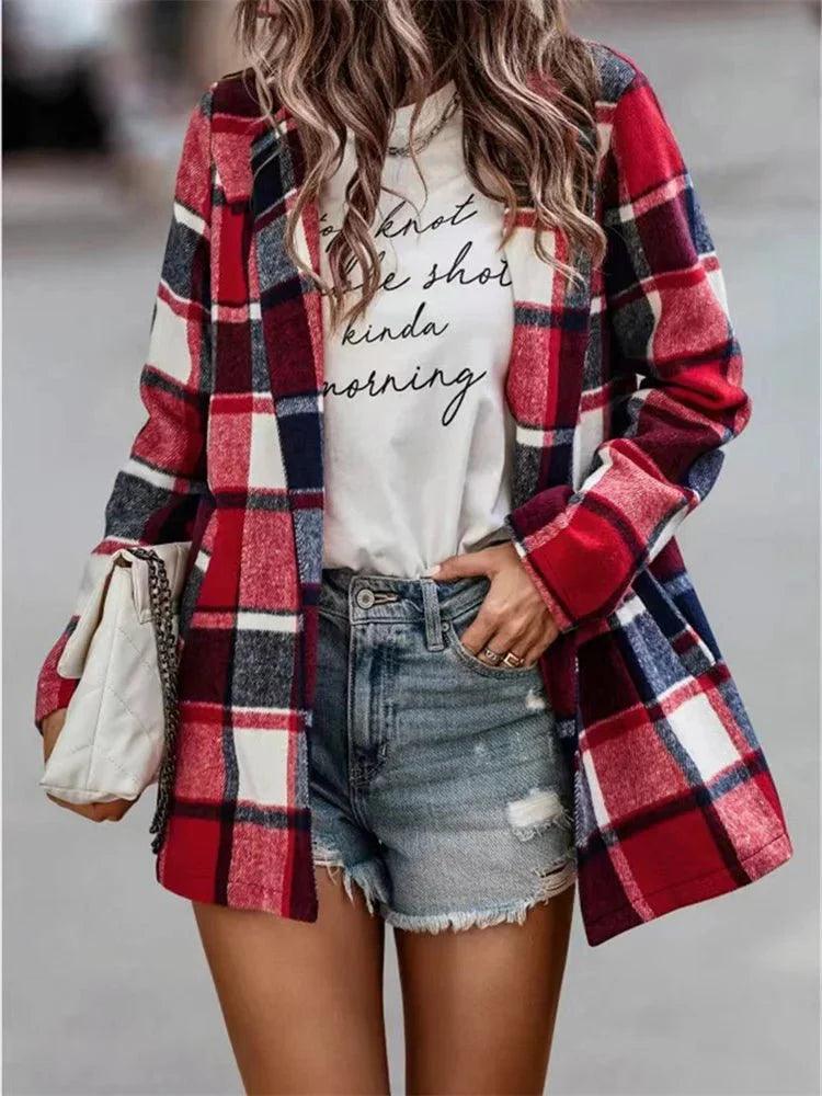 Womens Chic Plaid Open-Front Jacket for Effortless Style - Rebooters