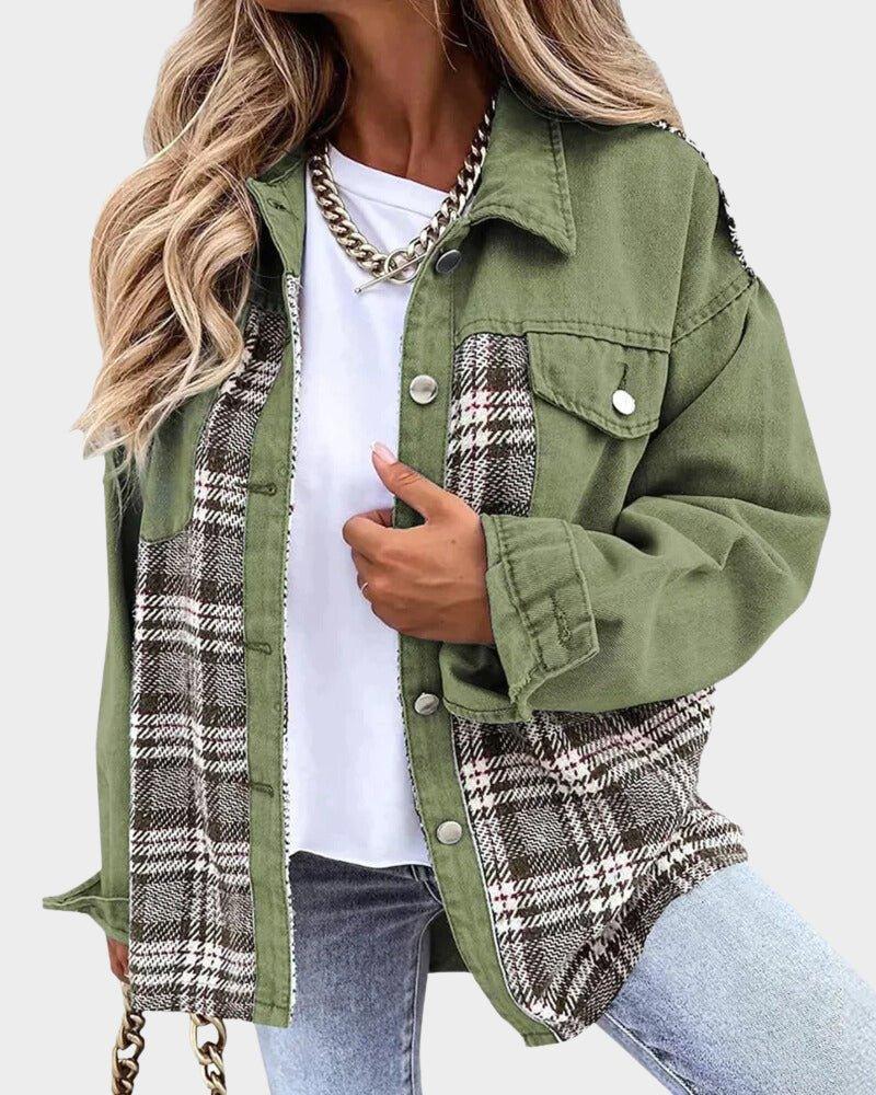 Womens Chic Plaid Patchwork Oversized Jacket for Style Green - Rebooters