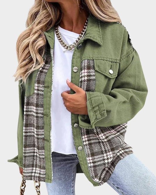 Womens Chic Plaid Patchwork Oversized Jacket for Style Green - Rebooters