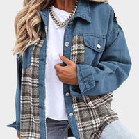 Womens Chic Plaid Patchwork Oversized Jacket for Style Blue - Rebooters
