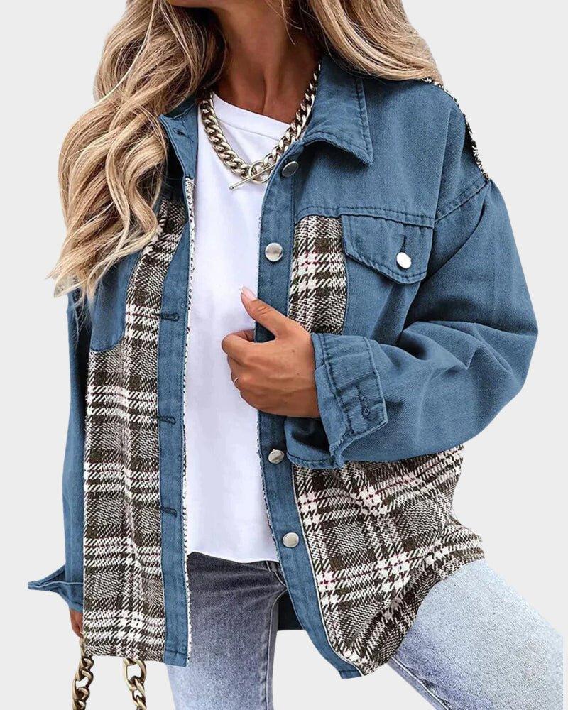 Womens Chic Plaid Patchwork Oversized Jacket for Style Blue - Rebooters