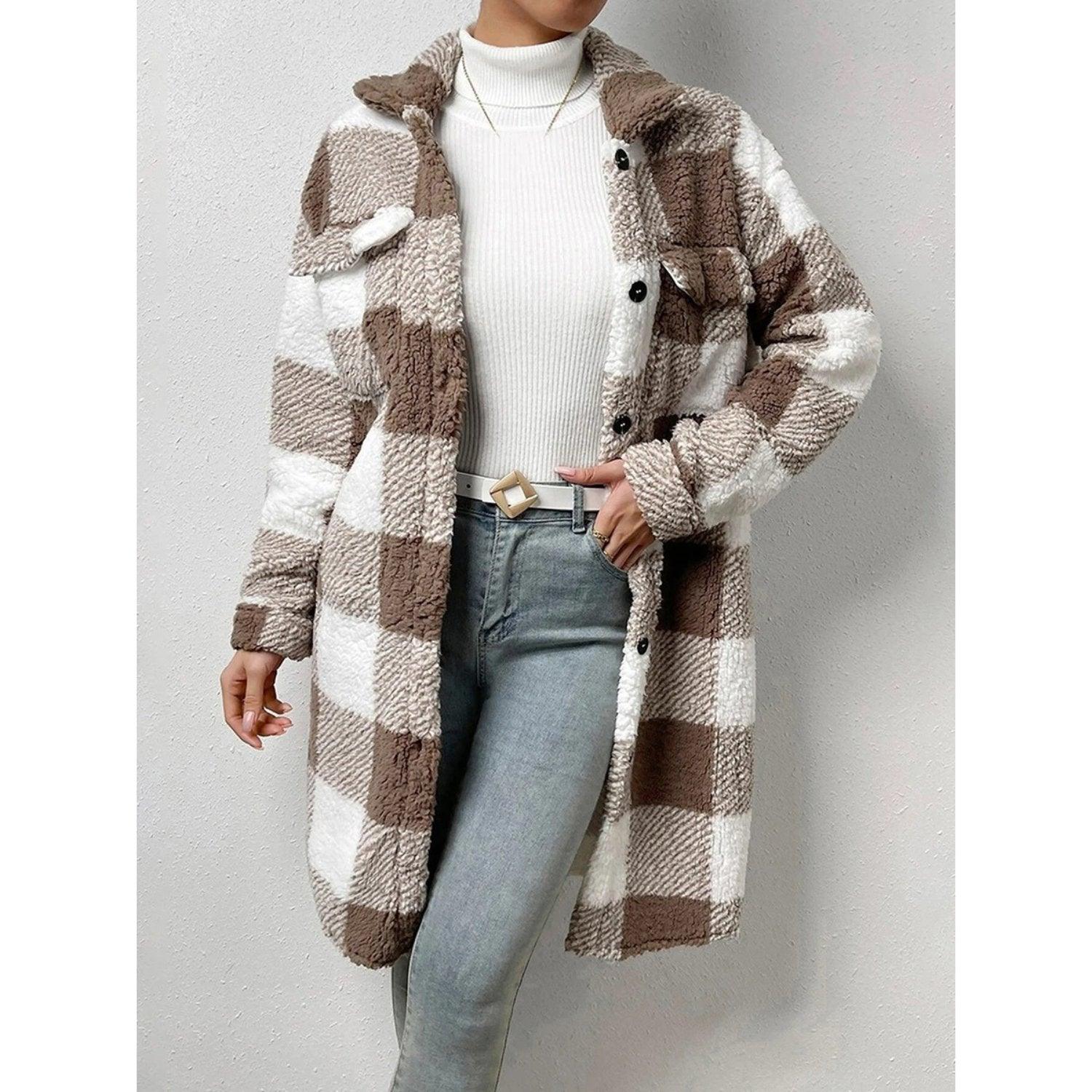 Womens Cozy Longline Sherpa Shacket in Stylish Plaid - Rebooters