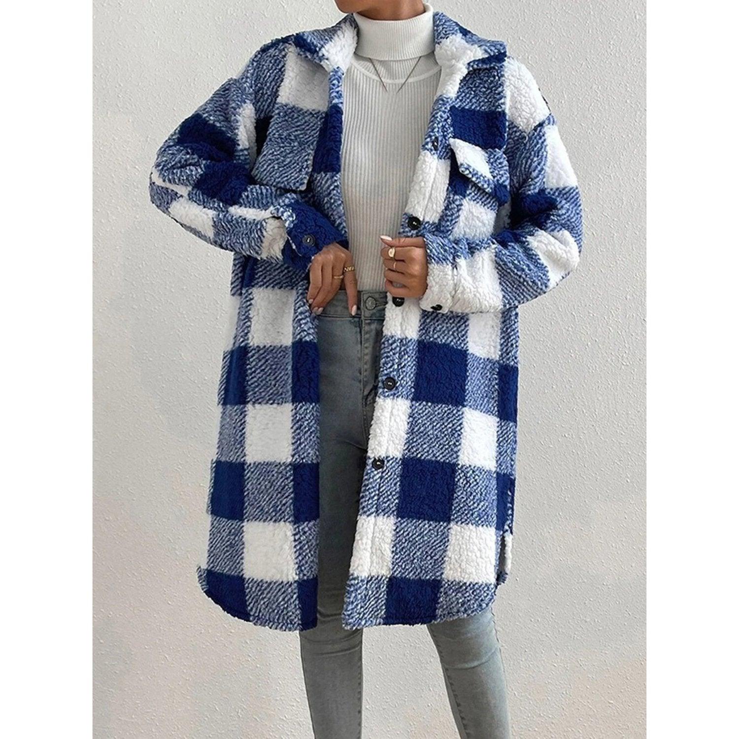 Womens Cozy Longline Sherpa Shacket in Stylish Plaid - Rebooters