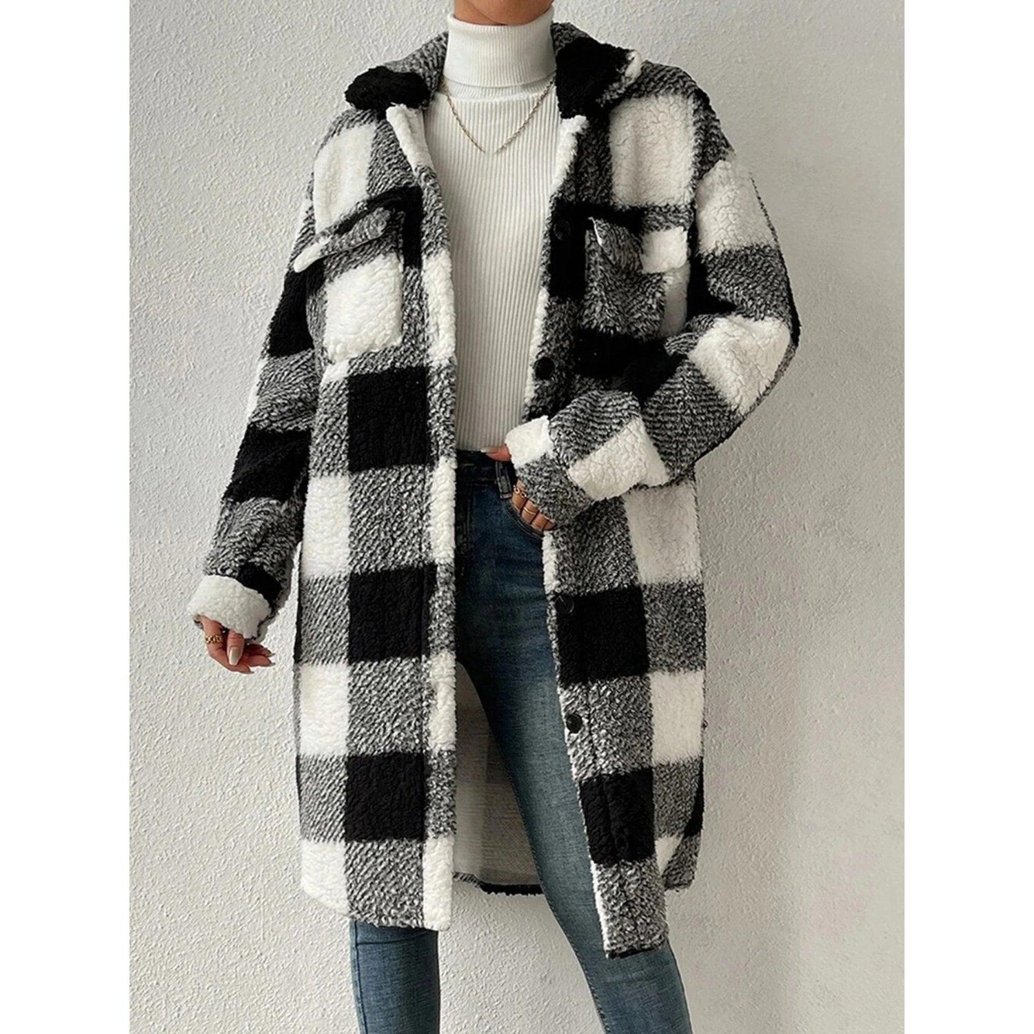 Womens Cozy Longline Sherpa Shacket in Stylish Plaid - Rebooters