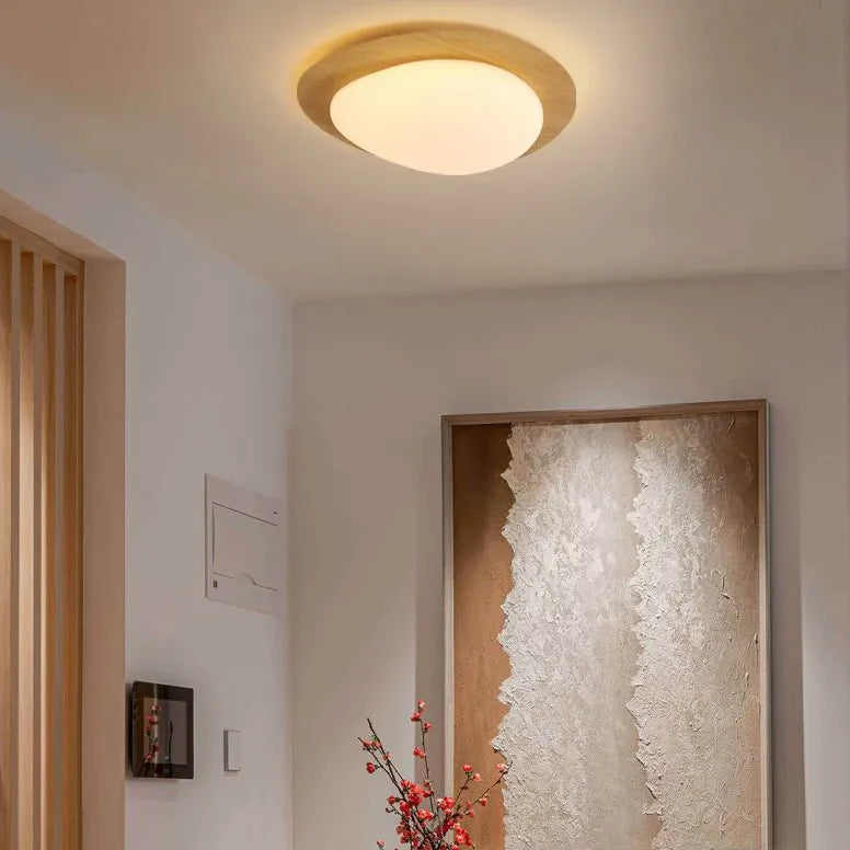 Round Minimalist Ceiling Light with Wooden Frame Fixture - Rebooters