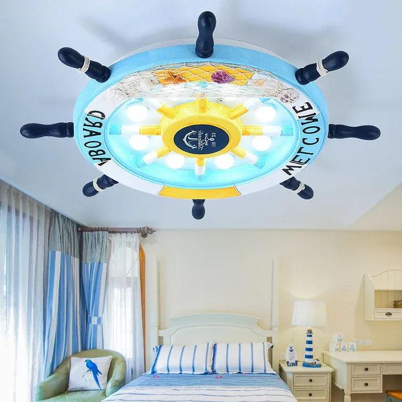 Ship Wheel-Shaped Blue and White Ceiling Light Fixture - Rebooters