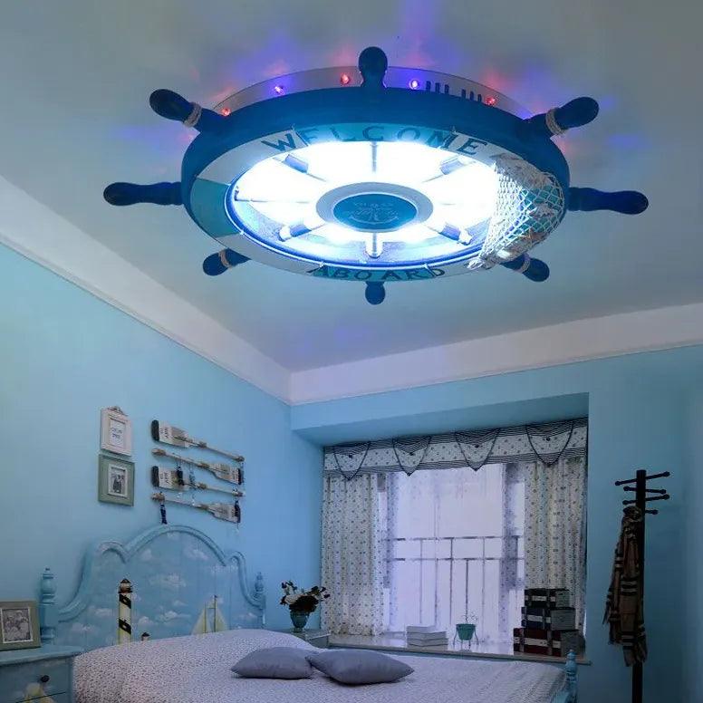 Ship Wheel-Shaped Blue and White Ceiling Light Fixture - Rebooters