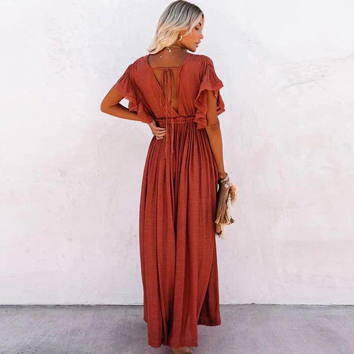 Bohemian Karina Women's Maxi Dress with Deep V-Neck Design - Rebooters -Women's Dresses