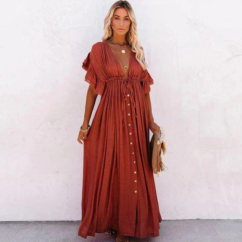 Bohemian Karina Women's Maxi Dress with Deep V-Neck Design - Rebooters -Women's Dresses