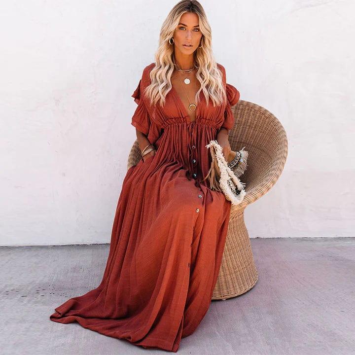 Bohemian Karina Women's Maxi Dress with Deep V-Neck Design - Rebooters -Women's Dresses