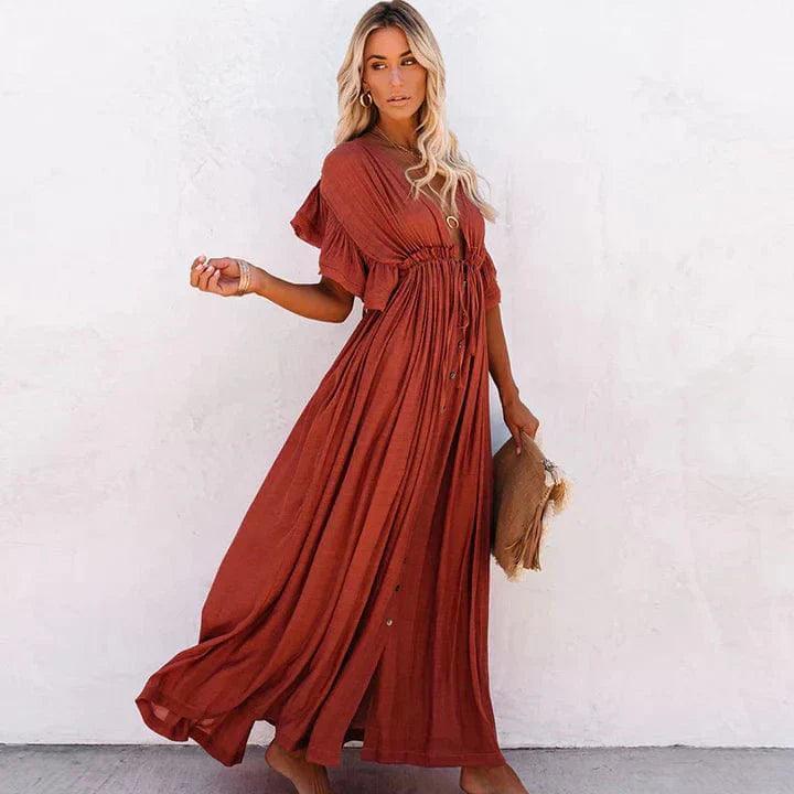 Bohemian Karina Women's Maxi Dress with Deep V-Neck Design - Rebooters -Women's Dresses