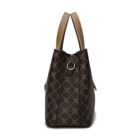Side view of brown patterned leather handbag with tan handles and silver ring detail