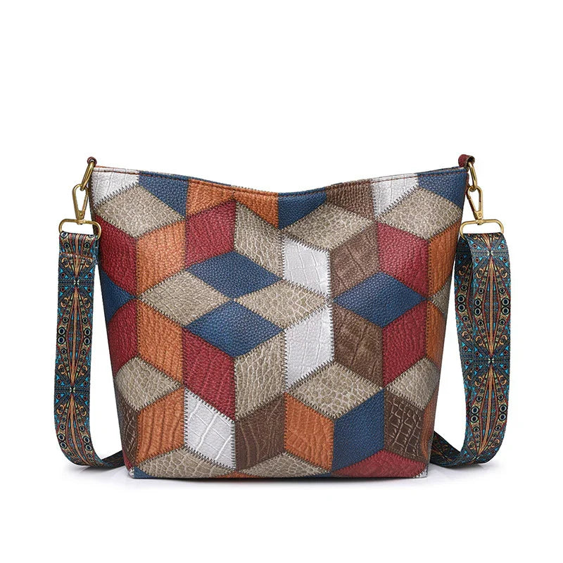 Colorful geometric patchwork handbag with decorative patterned strap