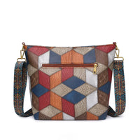 Colorful geometric patterned leather shoulder bag with front zipper pocket and patterned strap