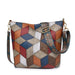 Geometric patchwork leather crossbody bag with adjustable patterned strap