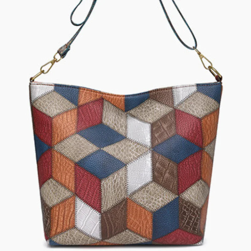 Geometric patchwork leather shoulder bag with colorful textured cube design