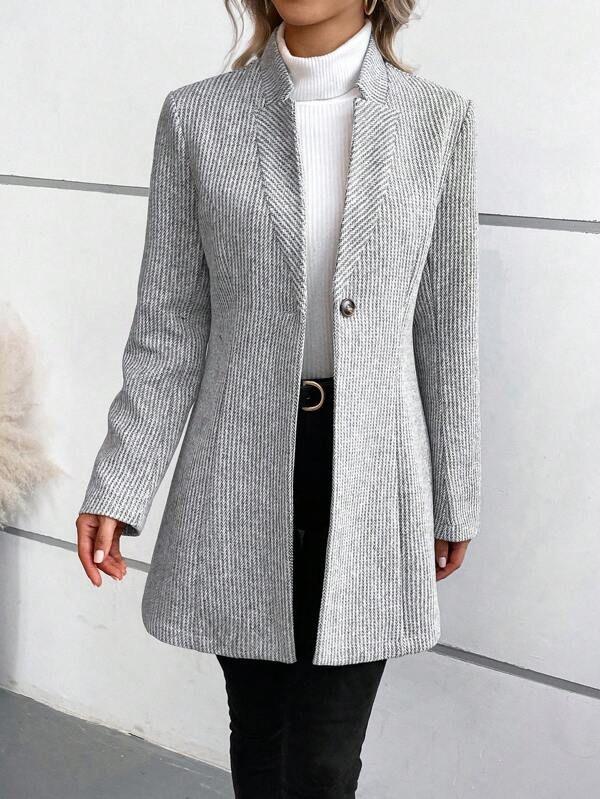 Womens Elegant Herringbone Single-Button Coat for Chic Style - Rebooters