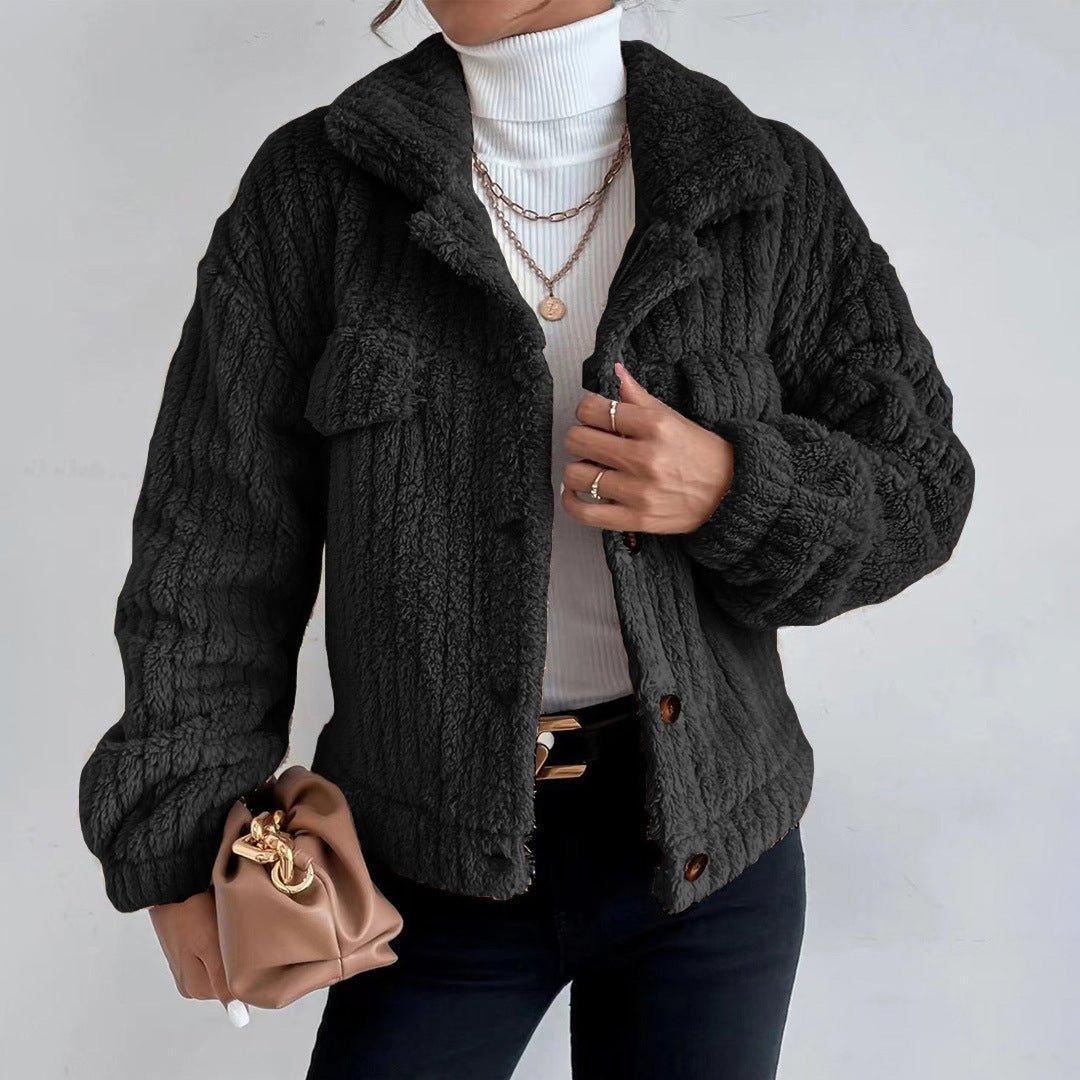 Womens Plush Textured Sherpa Button-Up Jacket for Comfort - Rebooters