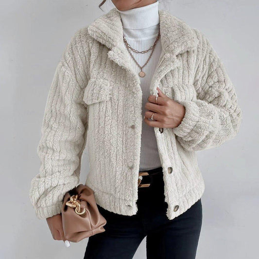 Womens Plush Textured Sherpa Button-Up Jacket for Comfort - Rebooters