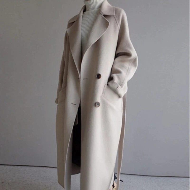 Womens Chic Double-Breasted Long Wool Coat for Winter - Rebooters