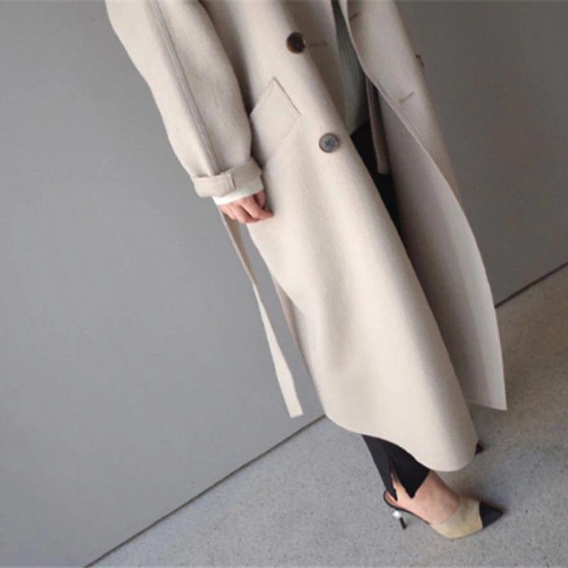 Womens Chic Double-Breasted Long Wool Coat for Winter - Rebooters