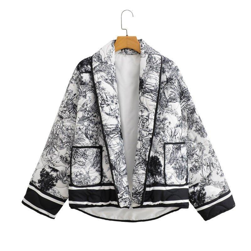 Womens Retro Print Puffer Jacket – Stylish Comfort Coat - Rebooters