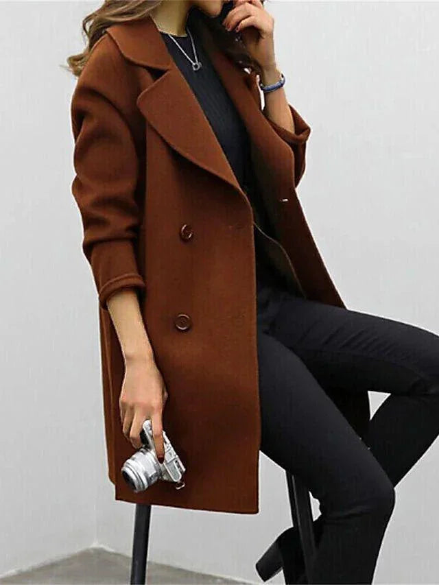 Womens Timeless Double-Breasted Wool Blend Coat Brown - Rebooters